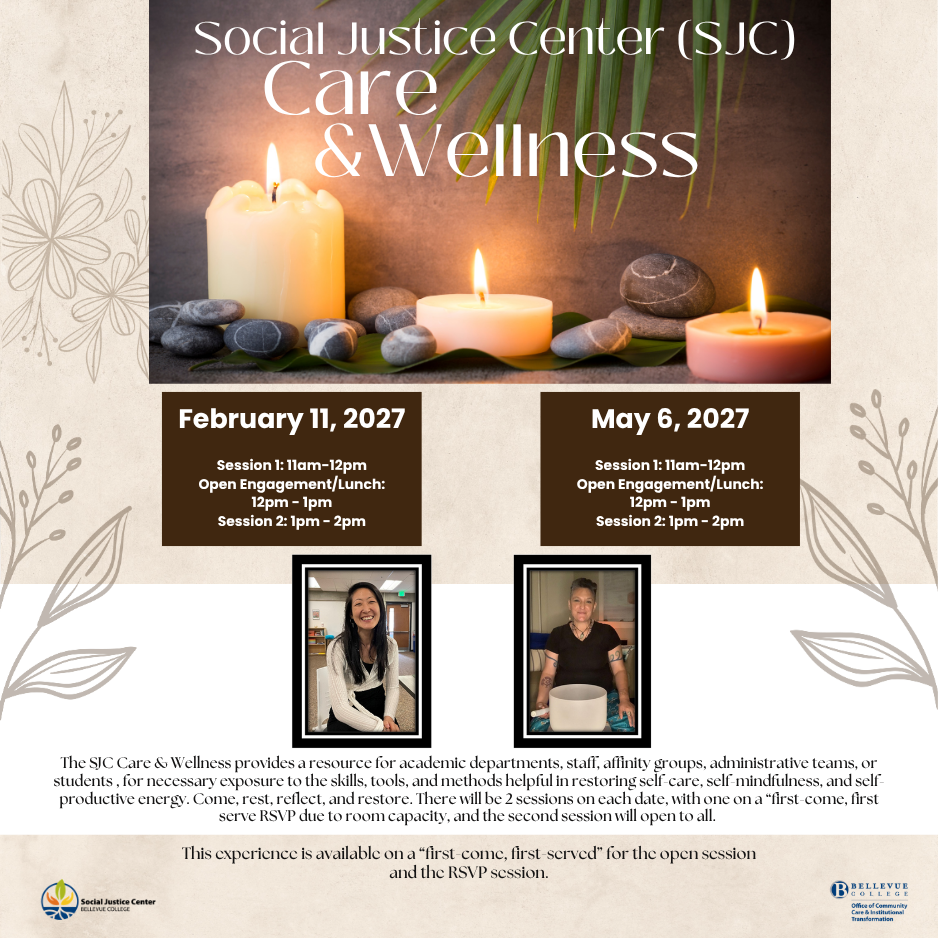A flyer for the Care and Wellness program featuring three lit candles and several rocks with two pictures of the presenters. 