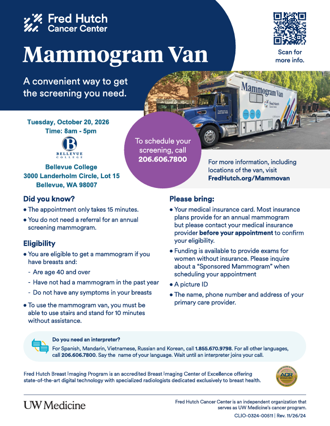 Fred Hutch Cancer Center Mammogram Van flyer. 