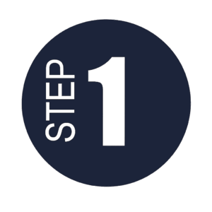 Round blue icon with the phrase "Step One"