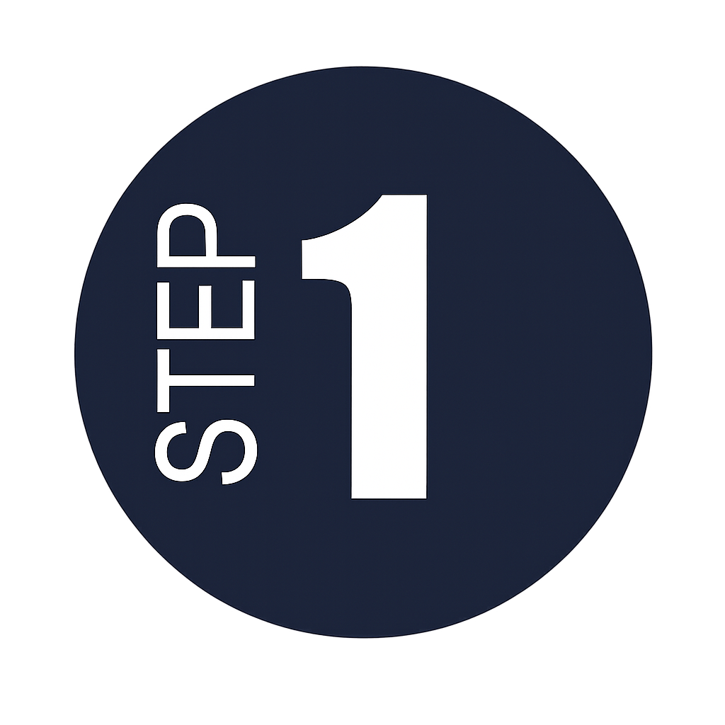 Round blue icon with the phrase "Step One"