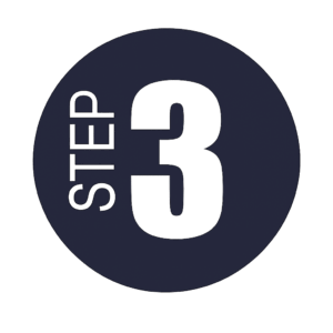 Round blue icon with the phrase "Step Three"