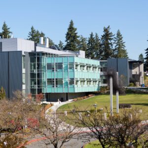 Exterior view of the S Building in spring
