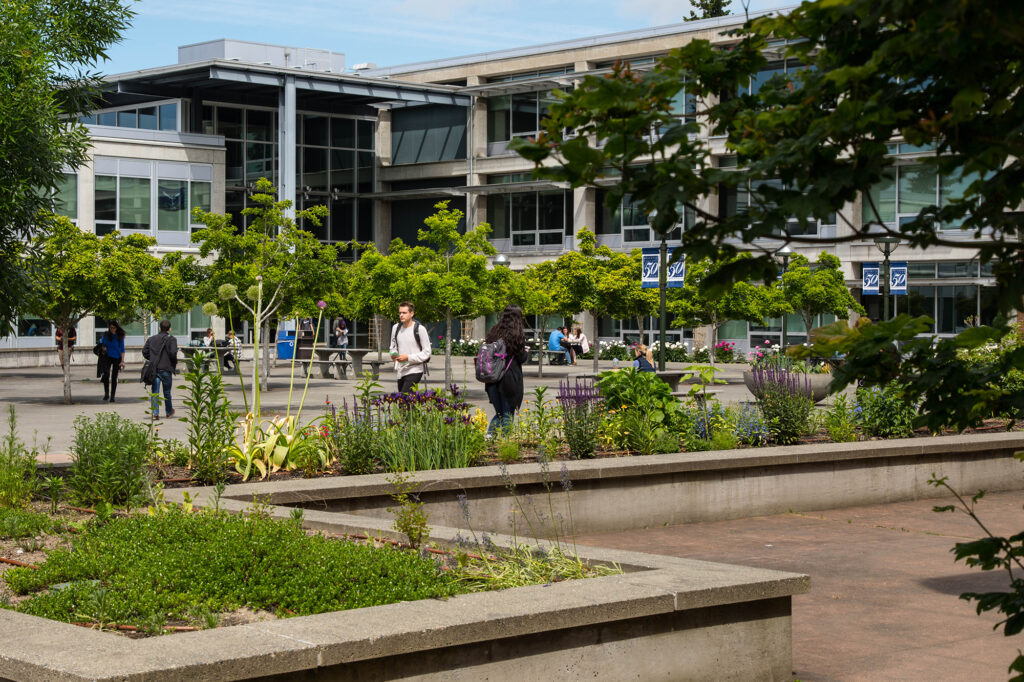 The R Building on campus in spring