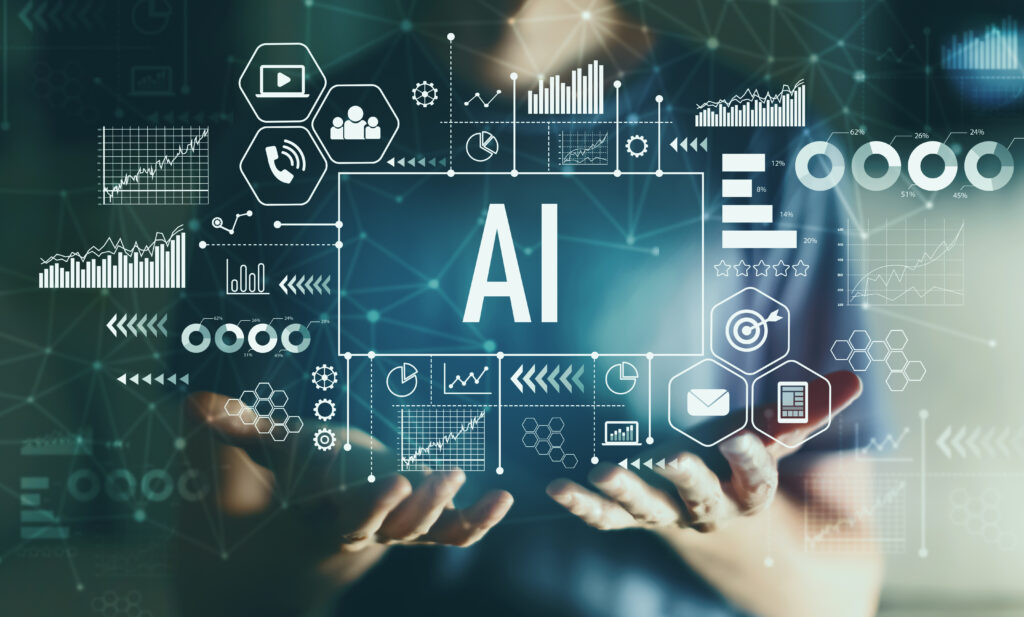 The word 'AI' and a young man with other tech graphic icons in his hands