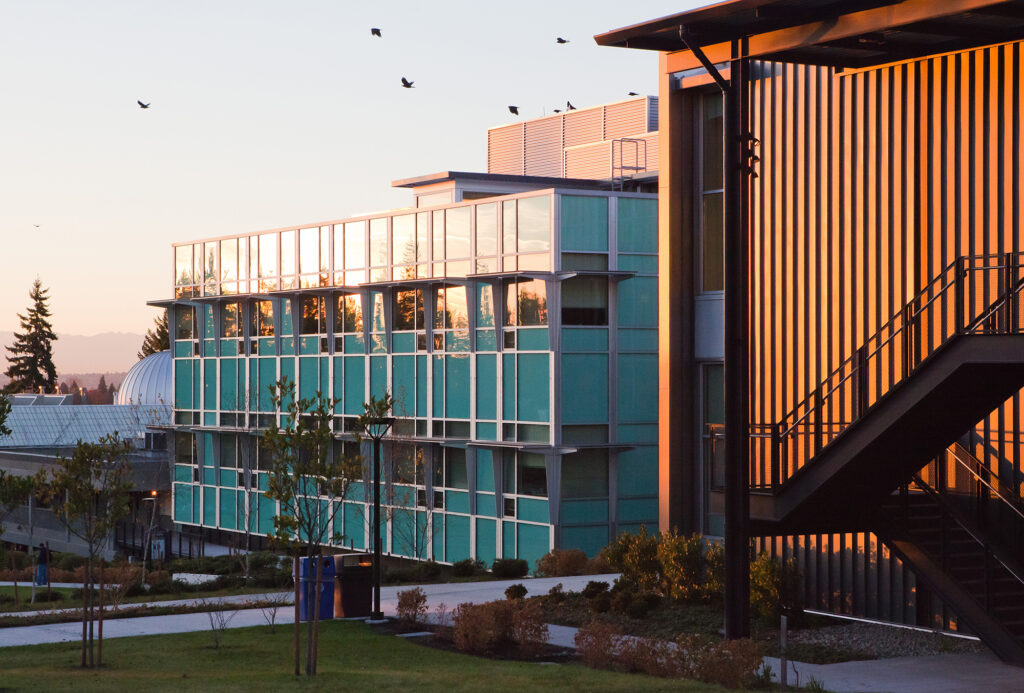 S Building at sunset