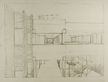 Art 120, Perspective Study, Pencil on Paper, view is looking over the BC Fountain looking west through the hallway