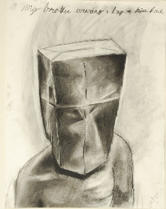 Art 120, Paper Bag on Brother's Head, Value Planar Study, Charcoal on Paper