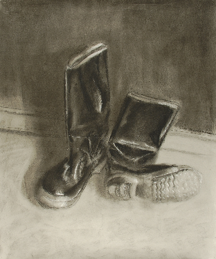 Art 120, Boots on the floor, Charcoal on Paper