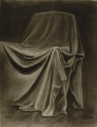 Art 120, Drapery Study, Charcoal on Paper, bed sheet draped over chair