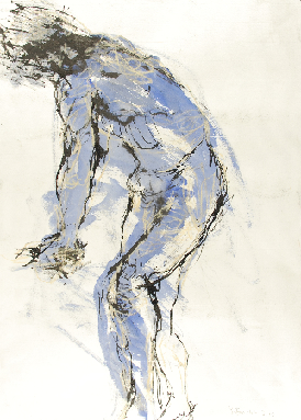 Art 121, Expressive Figure Study, Mixed Media on Paper. View of nude male body from side view