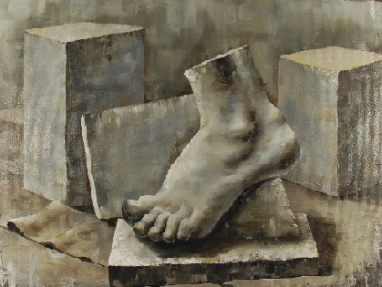 Art 240, Value Still life on Canvas. View of foot perched on a stone block. Stone blocks in background