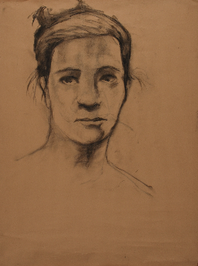 Art 221, Portrait Study, Charcoal on Toned Paper, Woman's face, hair pulled up