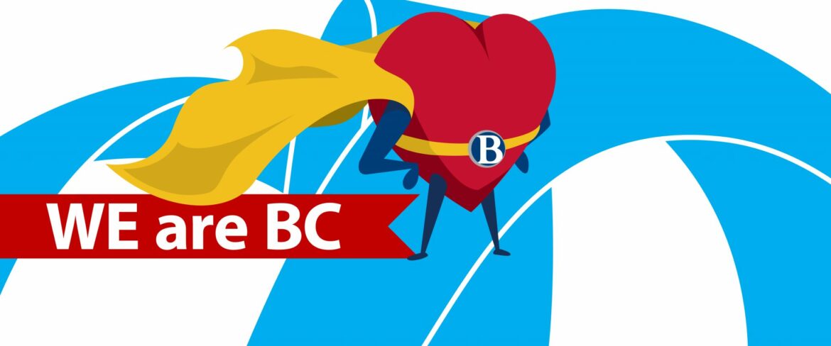 Graphic: Heart wearing cape with words 'We Are BC'