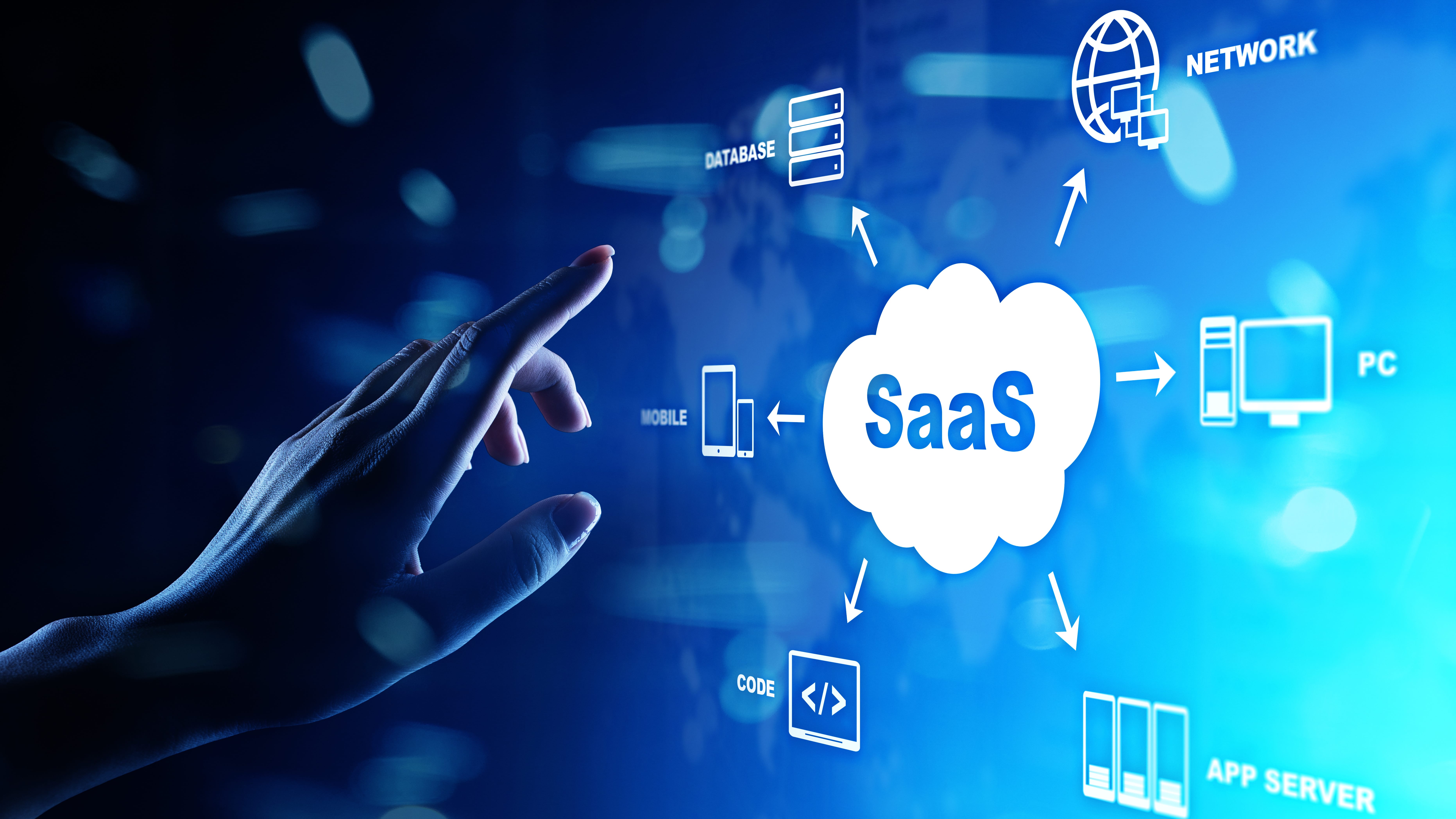 Finger pointing towards blue computer screen with software as a Service logo picture