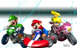 Luigi (on a motorcycle), Mario (in a race car) and Princess Peach (on a motorcycle) race for the win!