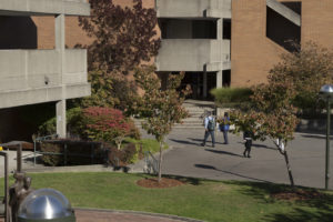 the courtyard in front of the B building showing the planetarium and ground floor entrance to NdN offices