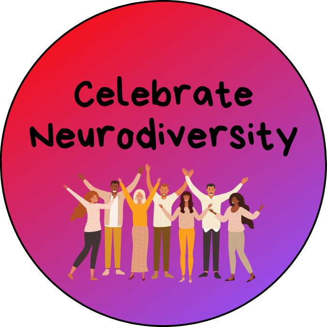 A group of people smiling and raising their hands in celebration with the words Celebrate Neurodiversity