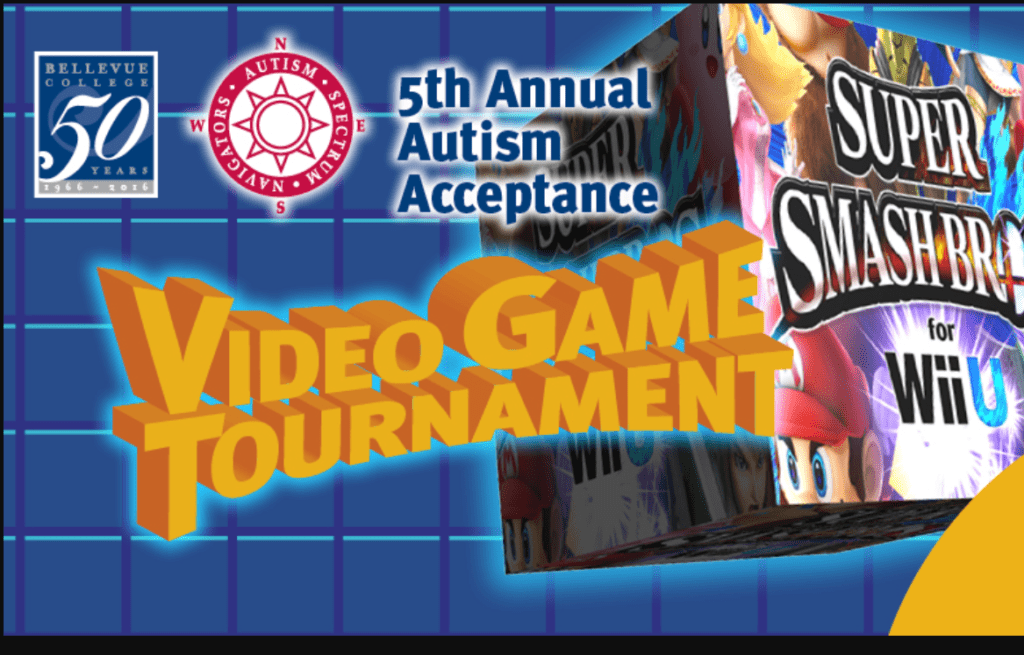5th Annual Autism Acceptance Video Game Tournament flyer featuring Super Smash Bros for WiiU
