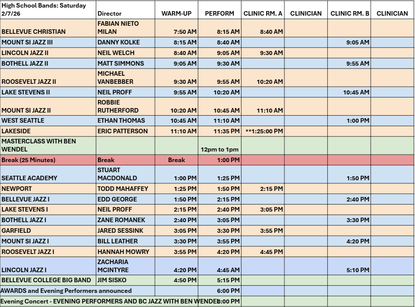 High School Bands: Saturday 2/7/26 Schedule