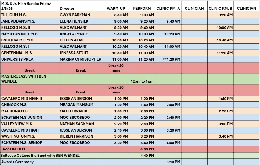 M.S. & Jr. High Bands: Friday 2/6/26 Schedule