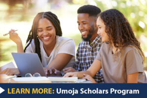 Image of two Black women and one Black man seated and gathered in front of a laptop.