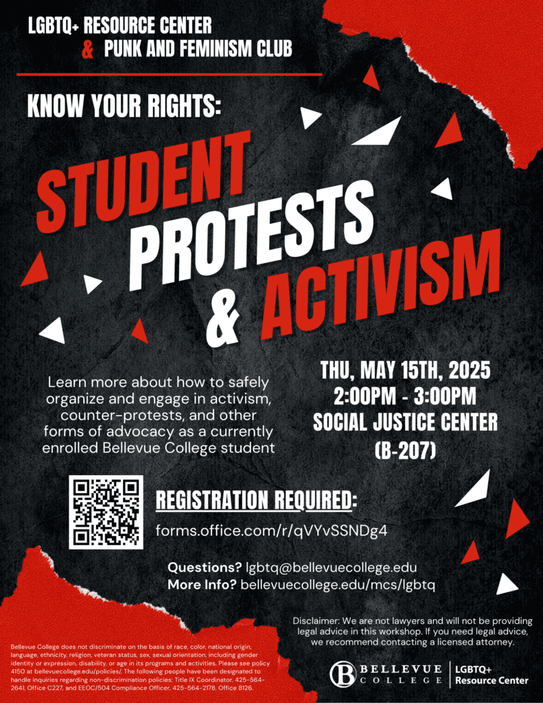 Poster for the LGBTQ+ Resource Center's "Know Your Rights: Student Protests & Activism" workshop.