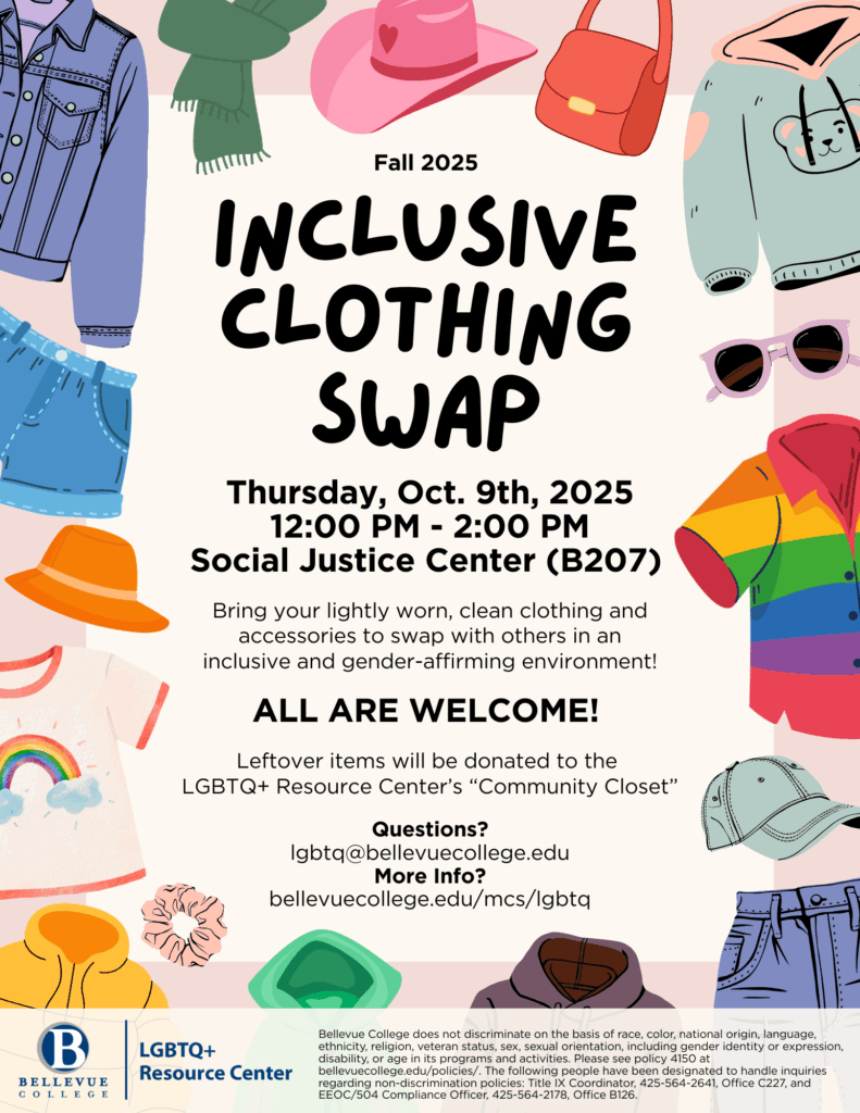 Flyer for LGBTQ+ Resource Center's Inclusive Clothing Swap