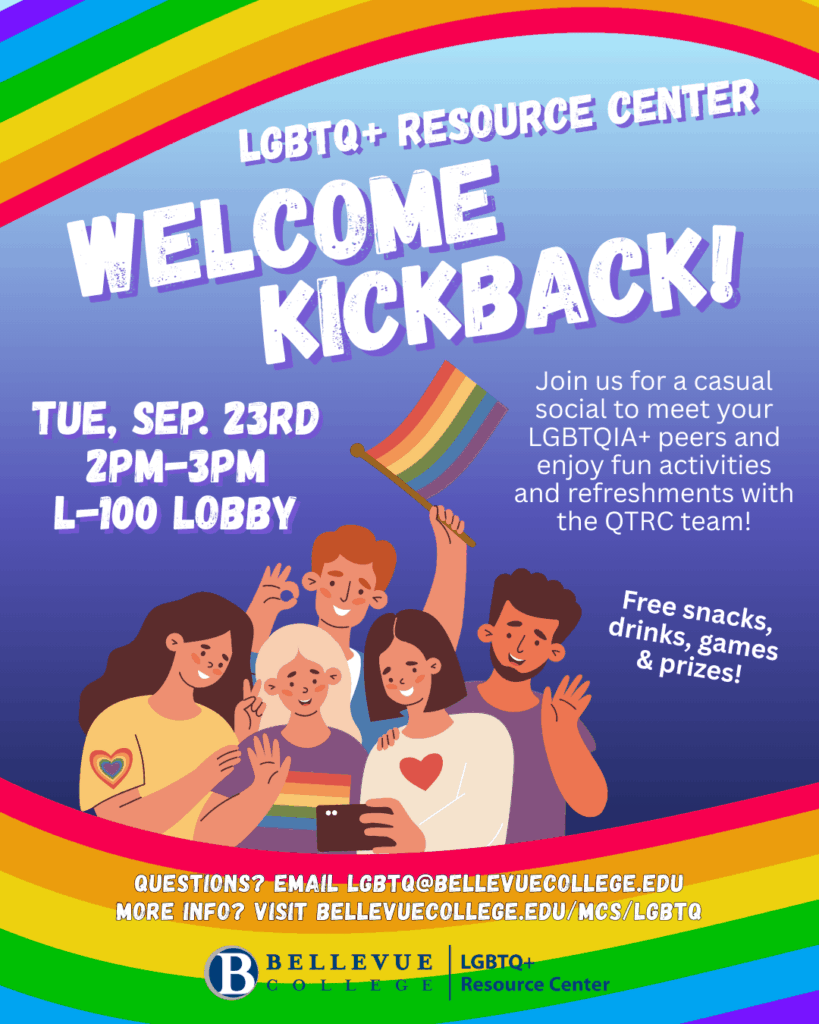 Poster for the LGBTQ+ Resource Center's Welcome Kickback event.