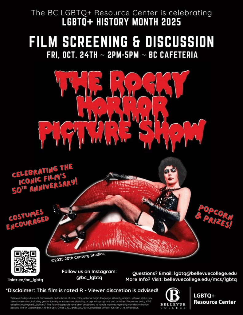 Poster for the LGBTQ+ Resource Center's Film Screening and Discussion of The Rocky Horror Picture Show, featuing the films iconic movie poster featuring a mouth with bright red lips and the main character Dr. Frank-N-Furter.