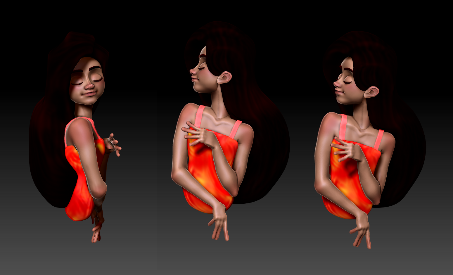 3D model of woman in three different poses.