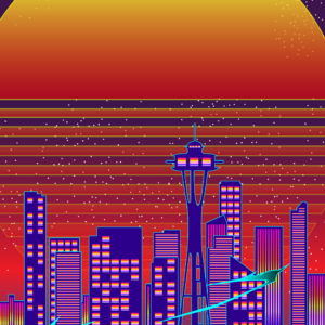 Graphic design of city of Seattle skyline with a bike in the front.