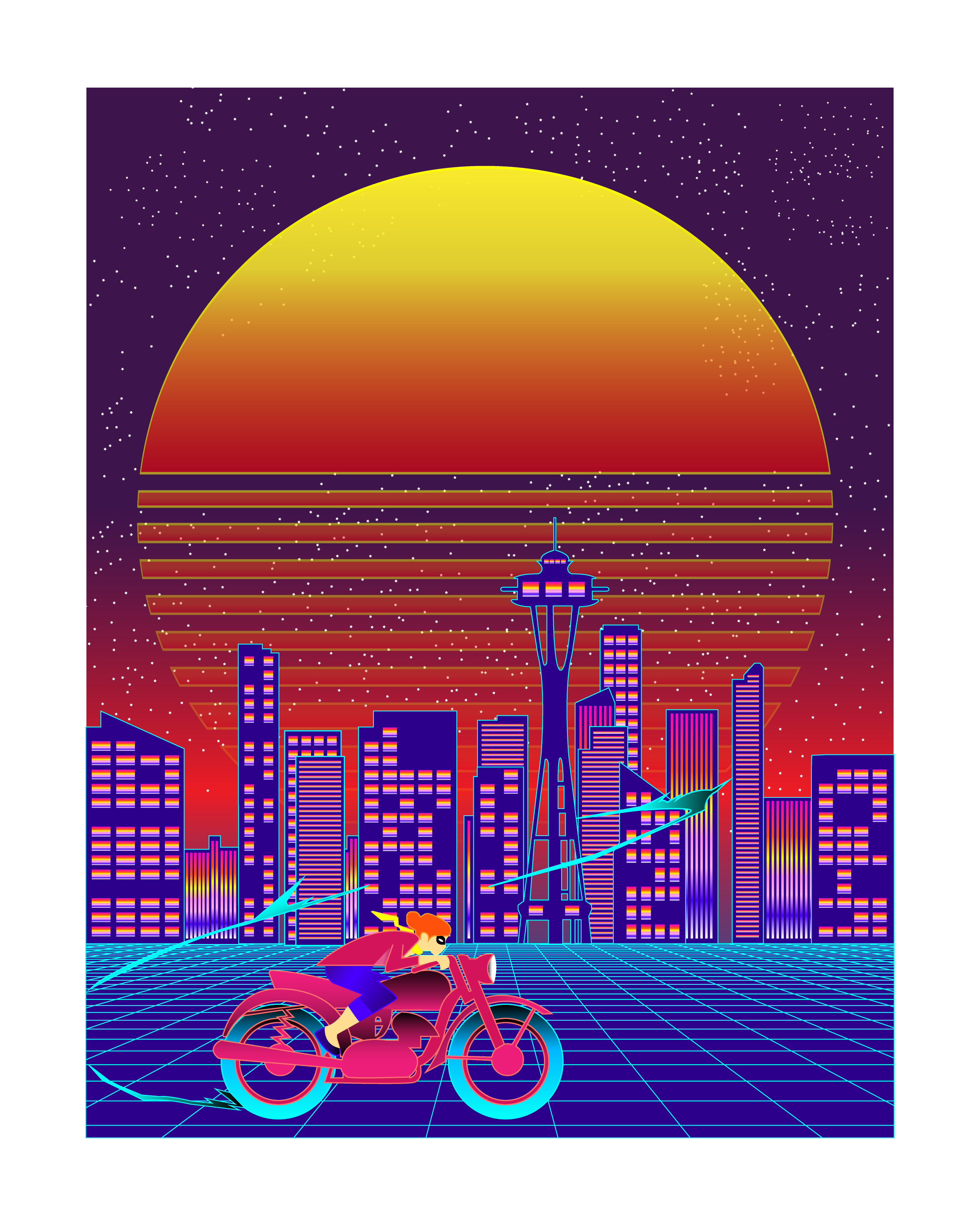 Graphic design of city of Seattle skyline with a bike in the front.