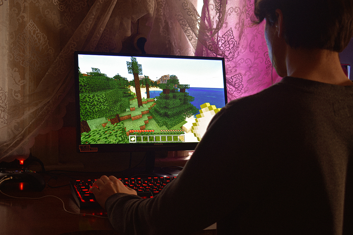 A student designs a landscape within a game.