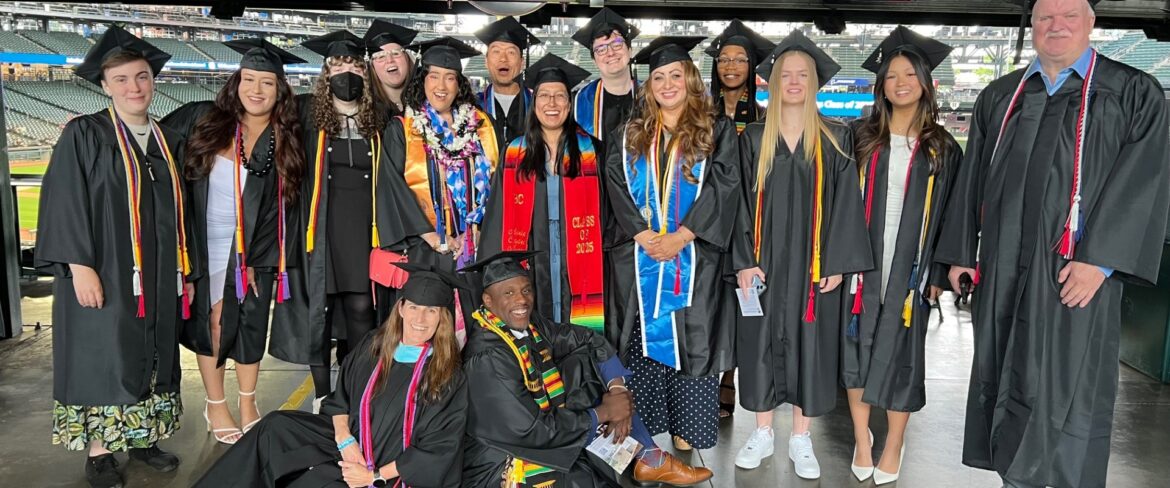Students who are In graduation attire.