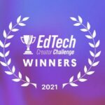 text "EdTech Creator Challenge Winners 2021" inside wreath on top of purple background