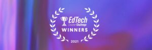 text "EdTech Creator Challenge Winners 2021" inside wreath on top of purple background