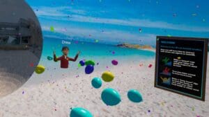 A festive virtual reality beach scene in CurioXR featuring an avatar named “Drew” celebrating with colorful balloons and confetti. To the right, a large welcome sign titled “Welcome to the XR Lab CurioXR Sandbox” provides instructions for VR hand gestures and controls. On the left, a reflective sphere shows a mirrored image of Bellevue College's campus. The vibrant beach background and celebratory visuals create an inviting and playful atmosphere for new users.