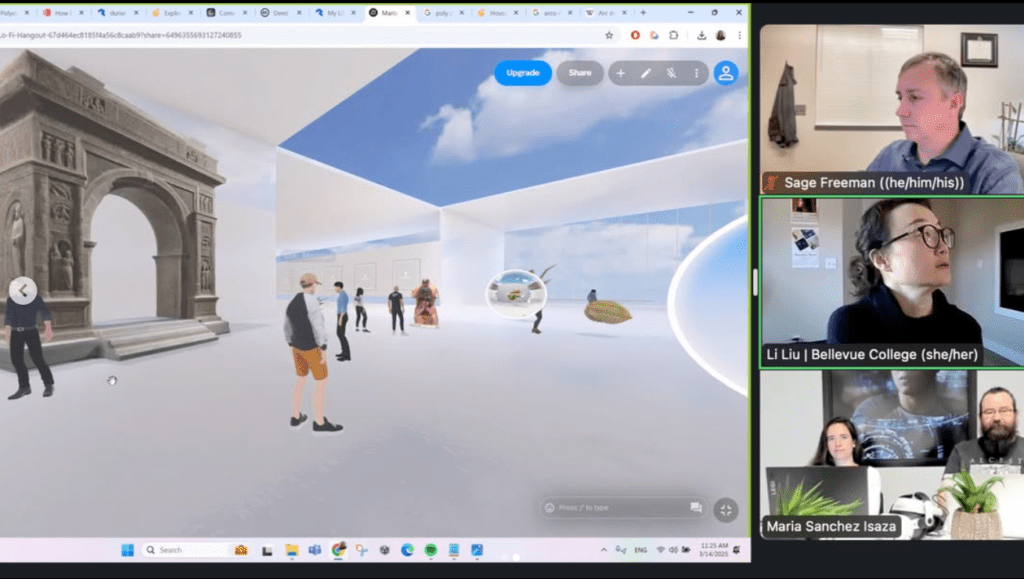A split-screen image showing a virtual reality space on the left and a Zoom call on the right. In the VR space, several avatars explore a bright gallery environment with blue skies and classical elements like a large stone archway. Digital artworks and sculptures are displayed throughout the space. On the right side, four participants are shown on a Zoom video call: Sage Freeman (he/him), Li Liu from Bellevue College (she/her), and Maria Sanchez Isaza with a colleague. The scene captures a collaborative virtual workshop or presentation.
