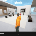 A virtual reality gallery space titled “LiLiuBC’s Digital Hangout” showing several avatars socializing and sitting on benches in a bright, modern room with framed artwork on the walls. The setting features large windows with scenic ocean and mountain views. A participant list is visible on the upper right, displaying ten users in the session.