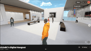 A virtual reality gallery space titled “LiLiuBC’s Digital Hangout” showing several avatars socializing and sitting on benches in a bright, modern room with framed artwork on the walls. The setting features large windows with scenic ocean and mountain views. A participant list is visible on the upper right, displaying ten users in the session.