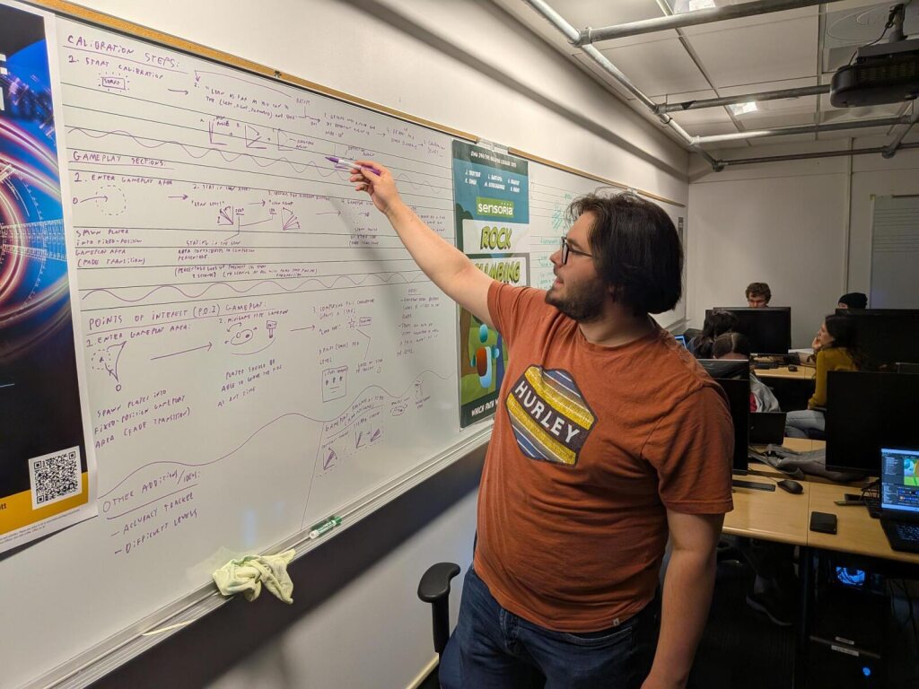 Student collaboration for DMA 294/DMA 295 project collaboration. Student writing the software plan on the white board.