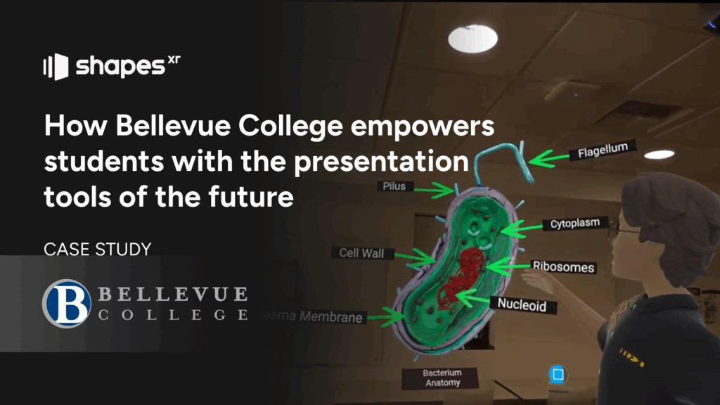 An avatar looks at a 3D scan of a bacteria cell, which is annotated to show structures such as the flagellum, cell wall, ribosomes, nucleoid, and more.