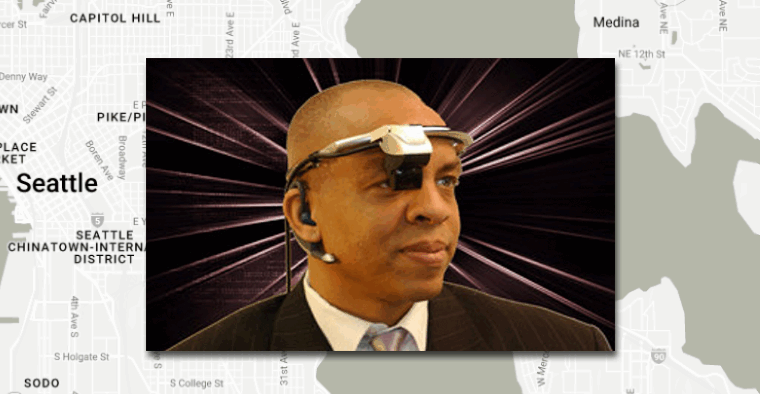 Dr. Paul Jackson wearing an early AR style headset.