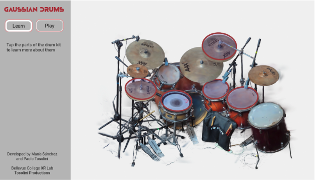 The start screen for the virtual reality drum with text stating Gaussian splatting drums and buttons to learn and play the interaction.