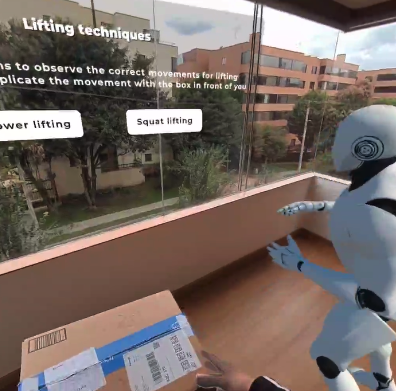 Safety Training VR learn with robot giving instructions and demonstrating the best way to lift an object.