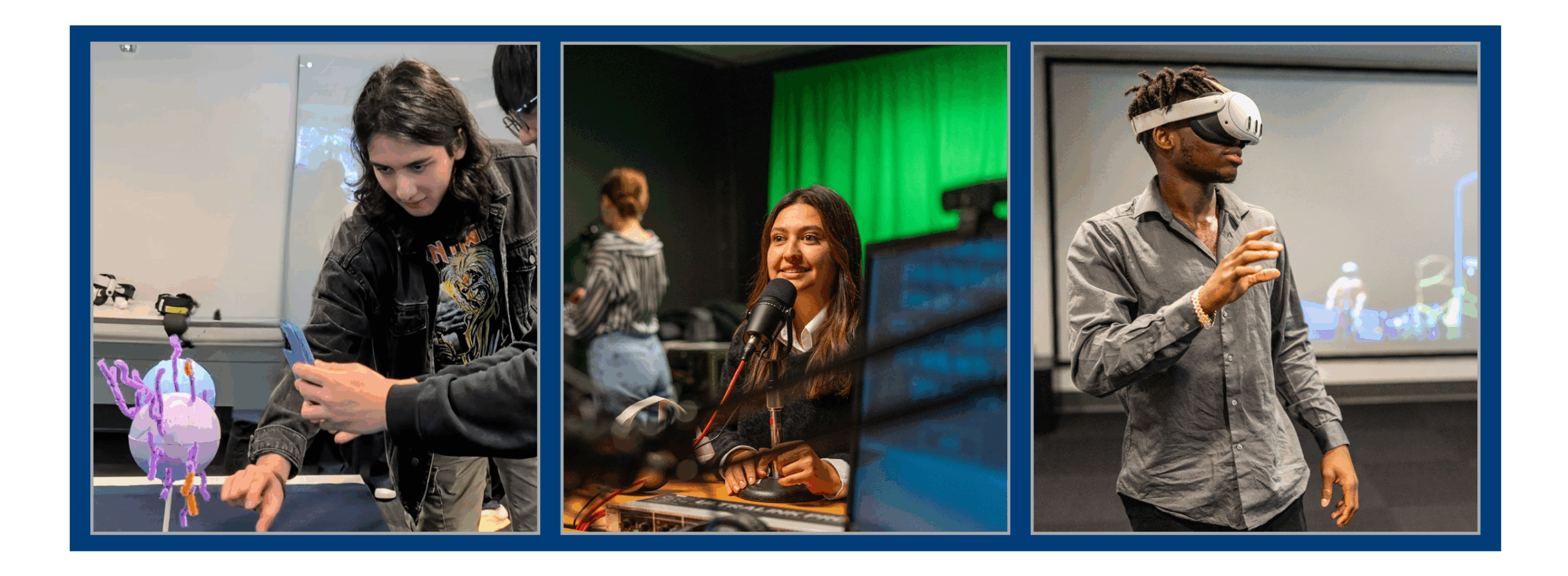 Students participate in hands-on VR experiences. This includes scanning with an iphone, creating a podcast, and using a VR headset.
