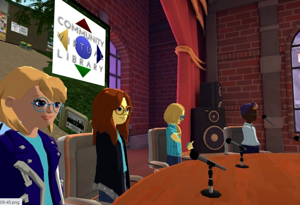 Student animated avators sitting at a desk in a virtual reality conference.